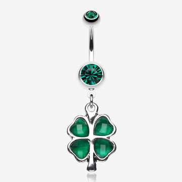 Lucky Four Leaf Clover Dangle Belly Ring-Dark Green